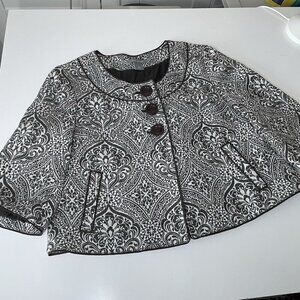 ANN TAYLOR Short Cropped Pleated Brown Cream Jacquard Swing Jacket 3/4 Sleeve 6